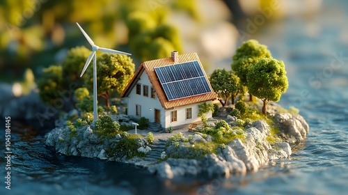 Miniature eco-friendly house model on island, solar panels, wind turbine, tiny trees, detailed landscape, tilt-shift effect, soft pastel background, diorama photo