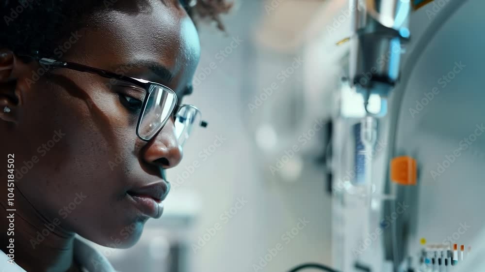 Woman wearing glasses is looking at a robot. The robot is white and has a black head Woman wearing glasses is looking at a robot. The robot is white and has a black head