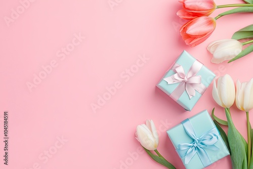 Mother's Day decorations concept. Top view photo of trendy gift boxes with ribbon bows and tulips on isolated pastel pink background with generative ai