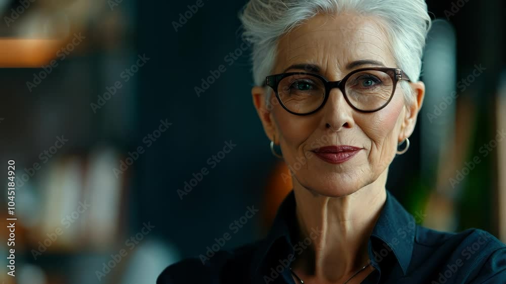 Woman in a black shirt and glasses is standing in front of a bookshelf. She is smiling and looking directly at the camera Woman in a black shirt and glasses is standing in front of a bookshelf. She is smiling and looking directly at the camera