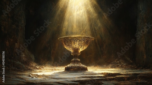 the holy grail, sunbeams on the grail, dark background, copy and text space, 16:9