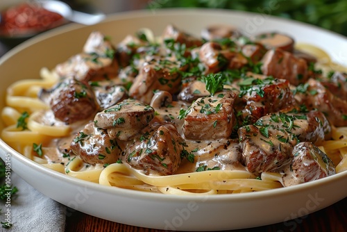 A plate of beef stroganoff with tender beef strips in a creamy mushroom sauce, served over a bed of egg noodles.