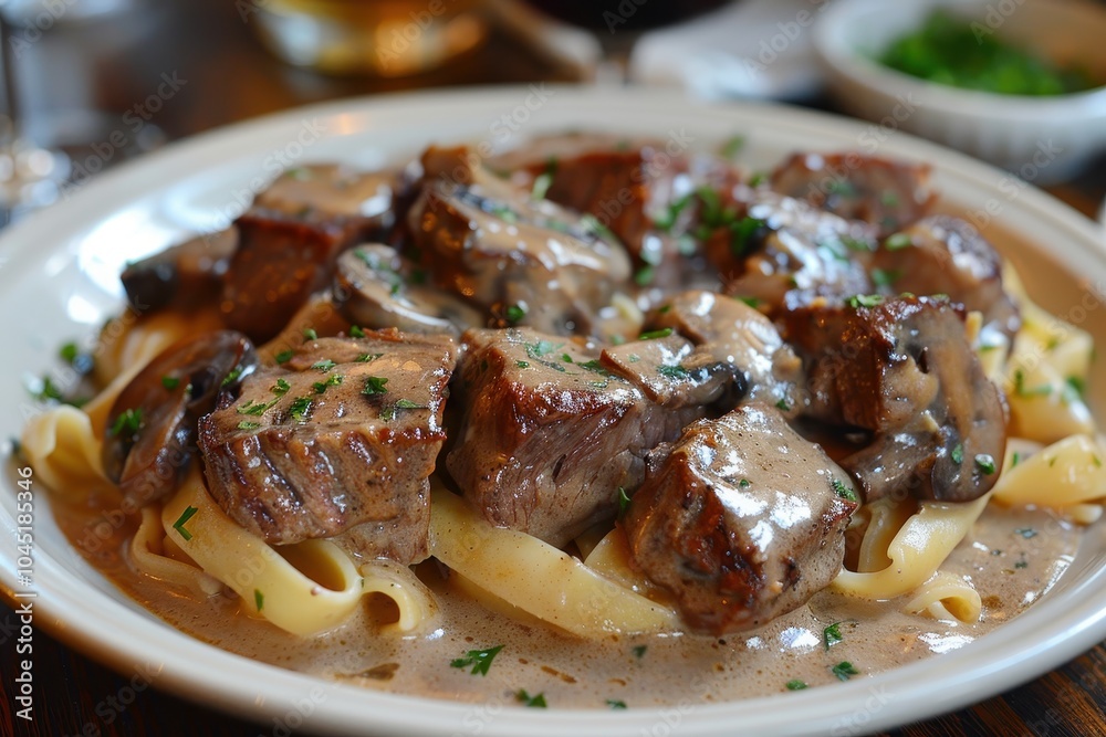 A plate of beef stroganoff with tender beef strips in a creamy mushroom sauce, served over a bed of egg noodles.