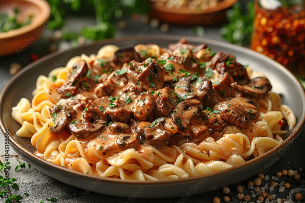 A plate of beef stroganoff with tender beef strips in a creamy mushroom sauce, served over a bed of egg noodles. A plate of beef stroganoff with tender beef strips in a creamy mushroom sauce, served over a bed of egg noodles.