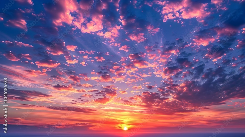 Fototapeta premium Dramatic Sunset Sky with Vibrant Cloud Formations and Glowing Sunlight over Serene Landscape Backdrop