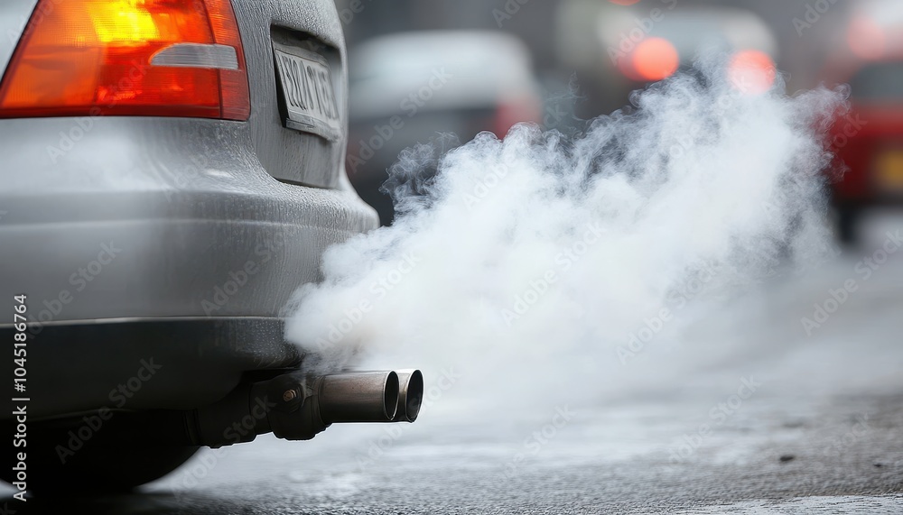 Obraz premium Thick smoke billows from car exhaust pipe on a busy street during rush hour