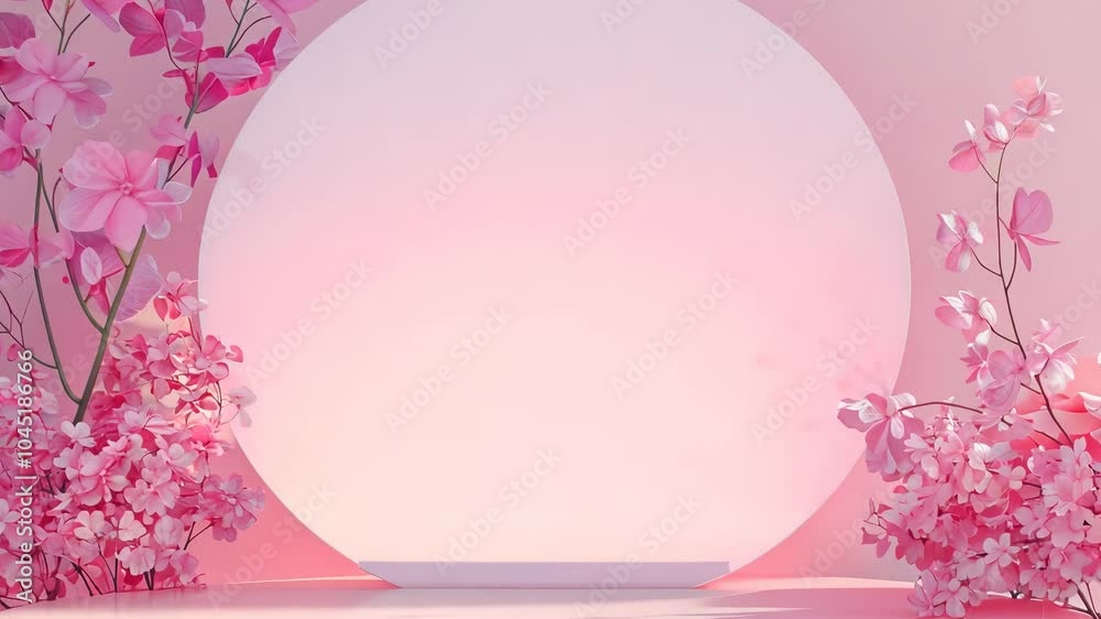 White circle with pink flowers surrounding it. Soft, romantic feel to it