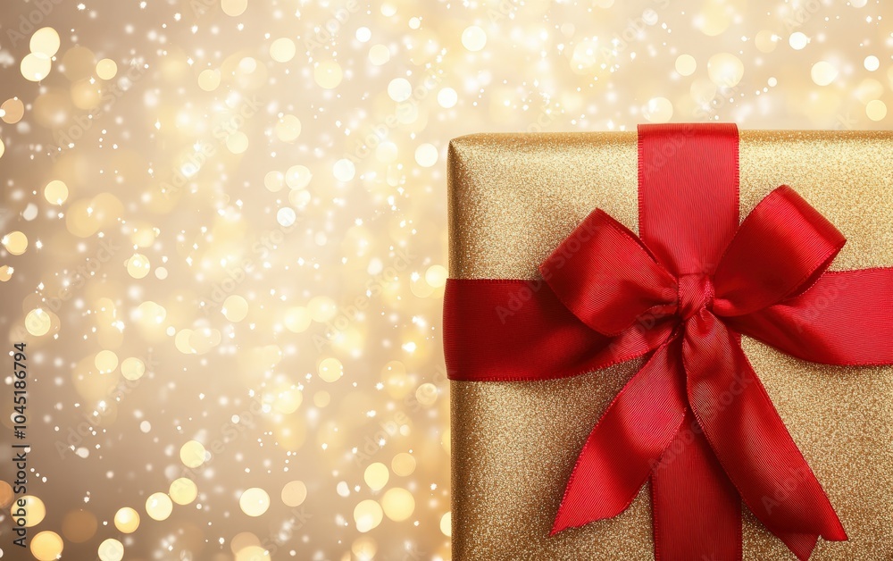 A beautifully wrapped gift with a shiny red ribbon, set against a background of twinkling lights. A beautifully wrapped gift with a shiny red ribbon, set against a background of twinkling lights.