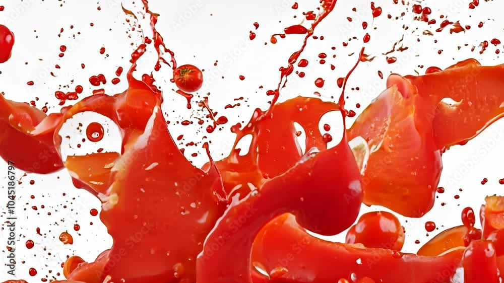 Splash of red tomato sauce is splattered across a white background. The sauce is in the shape of the letters Splash of red tomato sauce is splattered across a white background. The sauce is in the shape of the letters