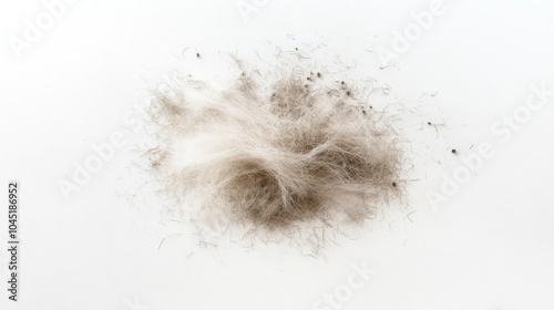 A clump of light brown animal fur scattered on a white background.