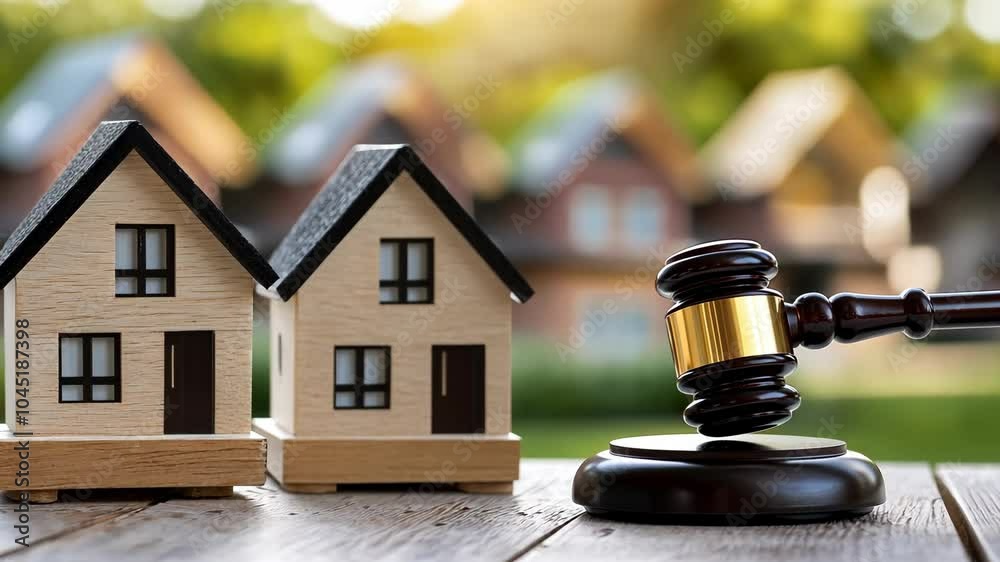 A gavel rests next to two model houses on a wooden table, symbolizing the importance of legal proceedings in real estate transactions A gavel rests next to two model houses on a wooden table, symbolizing the importance of legal proceedings in real estate transactions