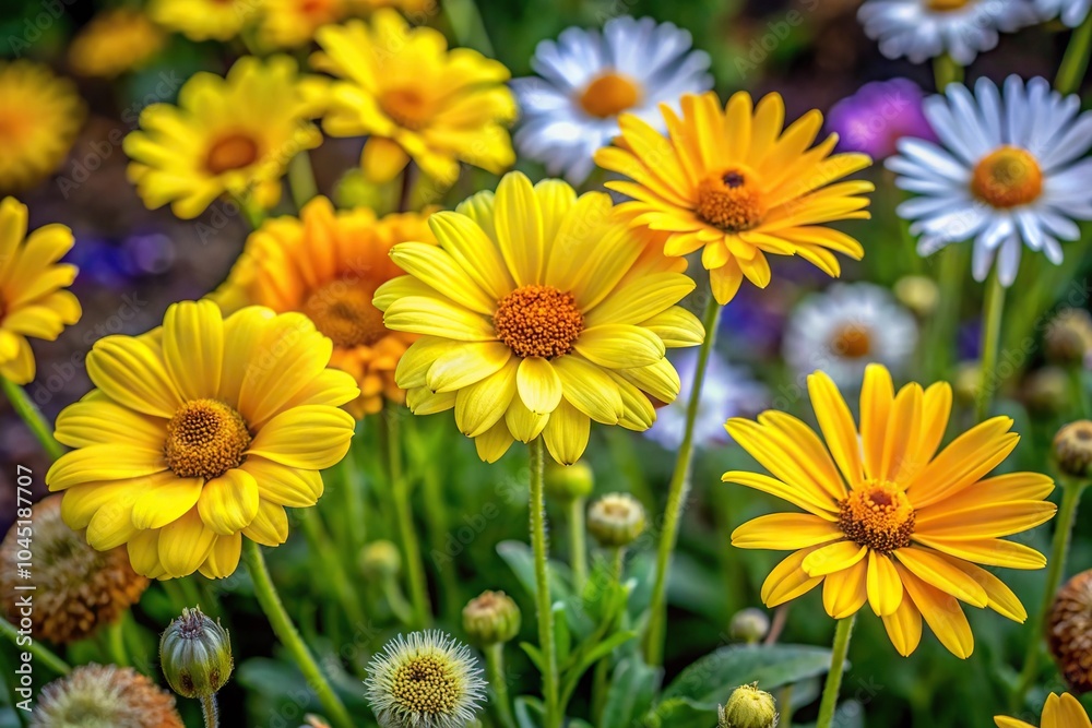 Extreme close-up of yellow flowers in garden, mini sunflowers, Wedelia Chinensis, wild yellow daisy, vertical Extreme close-up of yellow flowers in garden, mini sunflowers, Wedelia Chinensis, wild yellow daisy, vertical