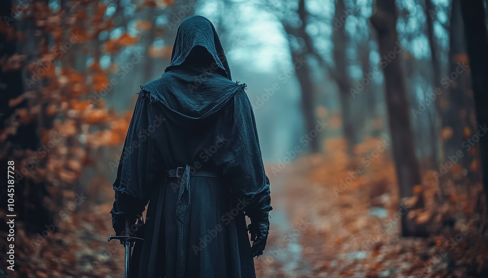 A reaper cloaked in darkness stands in a misty forest surrounded by autumn leaves A reaper cloaked in darkness stands in a misty forest surrounded by autumn leaves