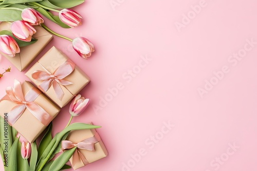 Mother's Day decorations concept. Top view photo of trendy gift boxes with ribbon bows and tulips on isolated pastel pink background with generative ai