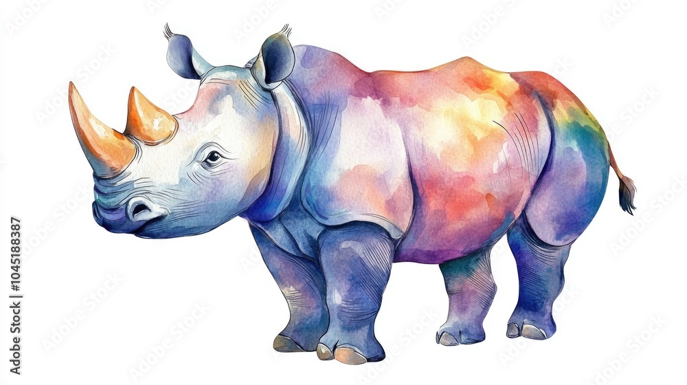 Obraz premium Watercolor illustration of a cartoon rhinoceros suitable for print design Isolated graphic template
