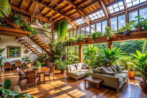 A large living room with a lot of greenery and plants