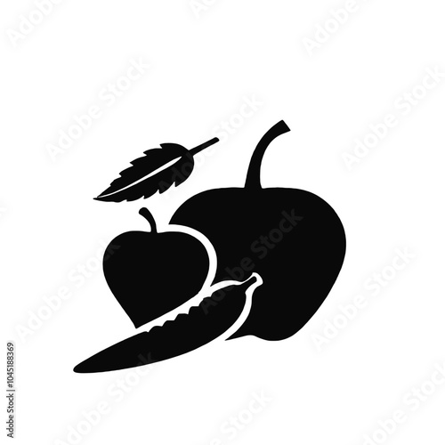 A black silhouette of various vegetables including an apple, carrot, and other produce items