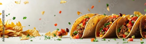 Several tacoss are piled on a table with chips scattered around them photo