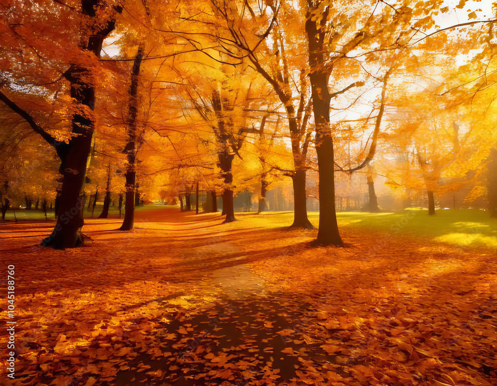 Fototapeta premium Scenic Autumn Landscape Featuring Vibrant Orange and Yellow Trees, Transforming a City Park into a Colorful Haven of Yellow Leaves, Capturing the Beauty and Serenity of the Fall Season