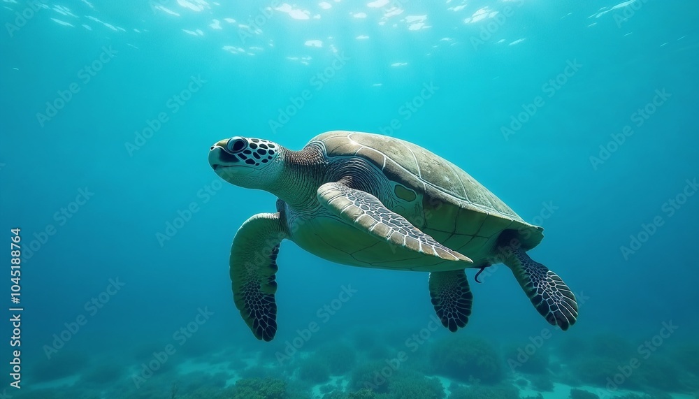 Obraz premium Sea turtle swimming underwater in clear blue ocean