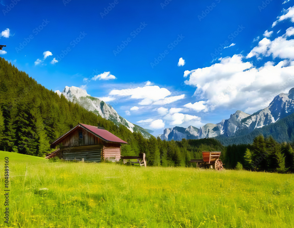 Obraz premium Picturesque Mountain Landscape Featuring a Cozy Hut Nestled Amidst Lush Forests and Towering Peaks, Under a Clear Sky in the Alps, Capturing the Essence of Summer in Nature's Breathtaking Beauty