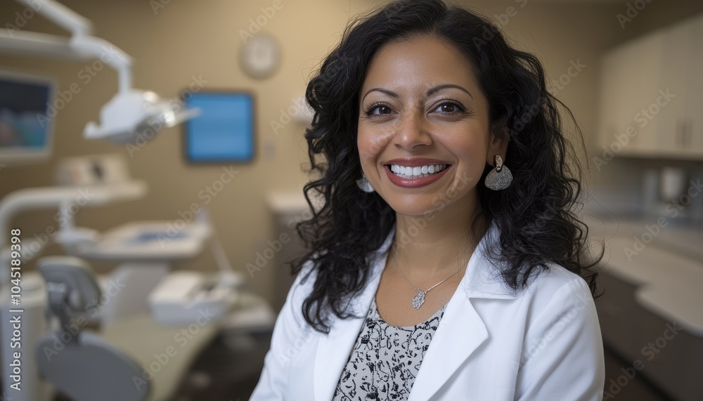 Young female dentist smiling in her busy dental office, engaged in patient care