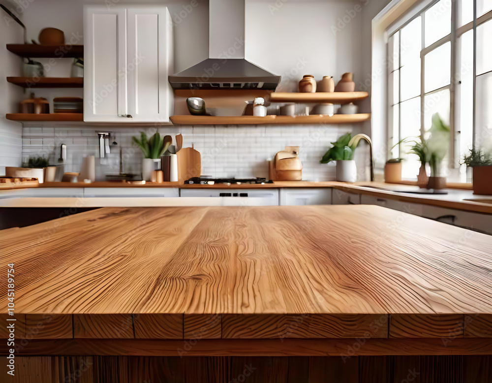 A Cozy Kitchen Interior Featuring a Beautiful Wooden Table or Countertop in the Foreground, Showcasing Warm Tones and Natural Textures, Perfectly Capturing the Heart of Home Cooking and Gathering