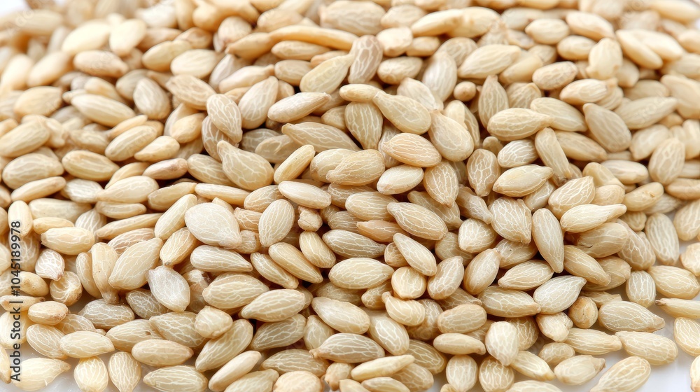 A close-up view of a pile of white sesame seeds. A close-up view of a pile of white sesame seeds.