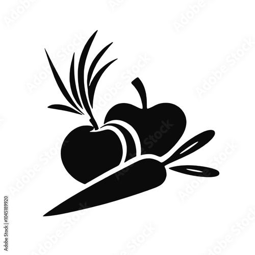 A black silhouette of various vegetables including an apple, carrot, and other produce items