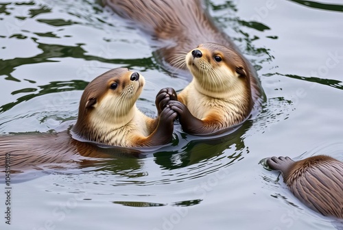 _. Otters holding handsA group of otters swimming and holding pa photo