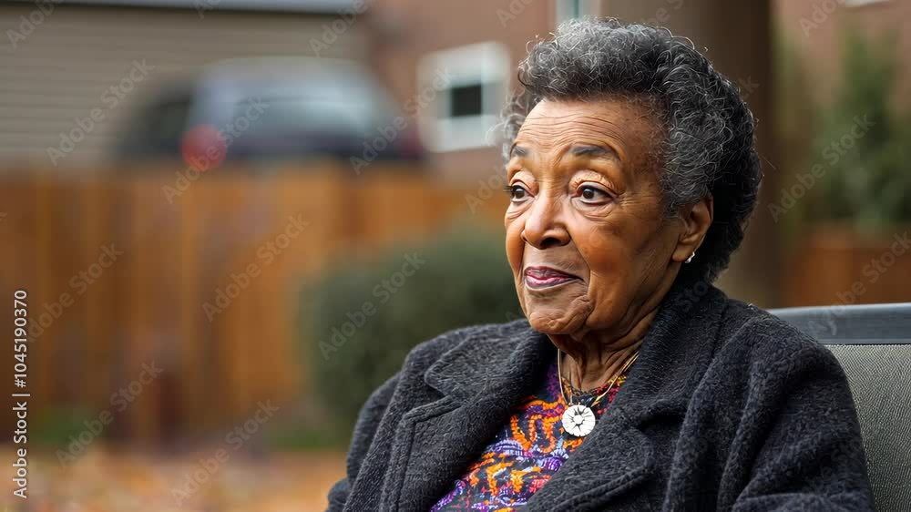 An elderly woman sits outside in front of a house, smiling and looking to her right An elderly woman sits outside in front of a house, smiling and looking to her right