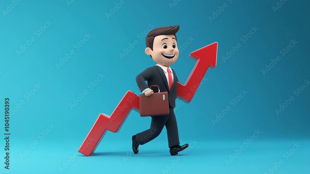 3d businessman with red arrow pointing up. 3d businessman with red arrow pointing up.
