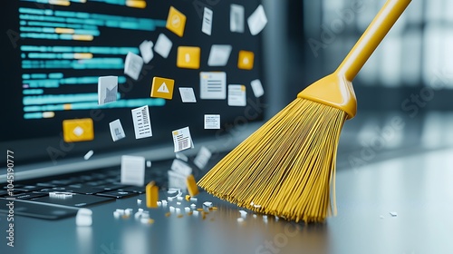 A broom sweeping away old files from a computer desktop