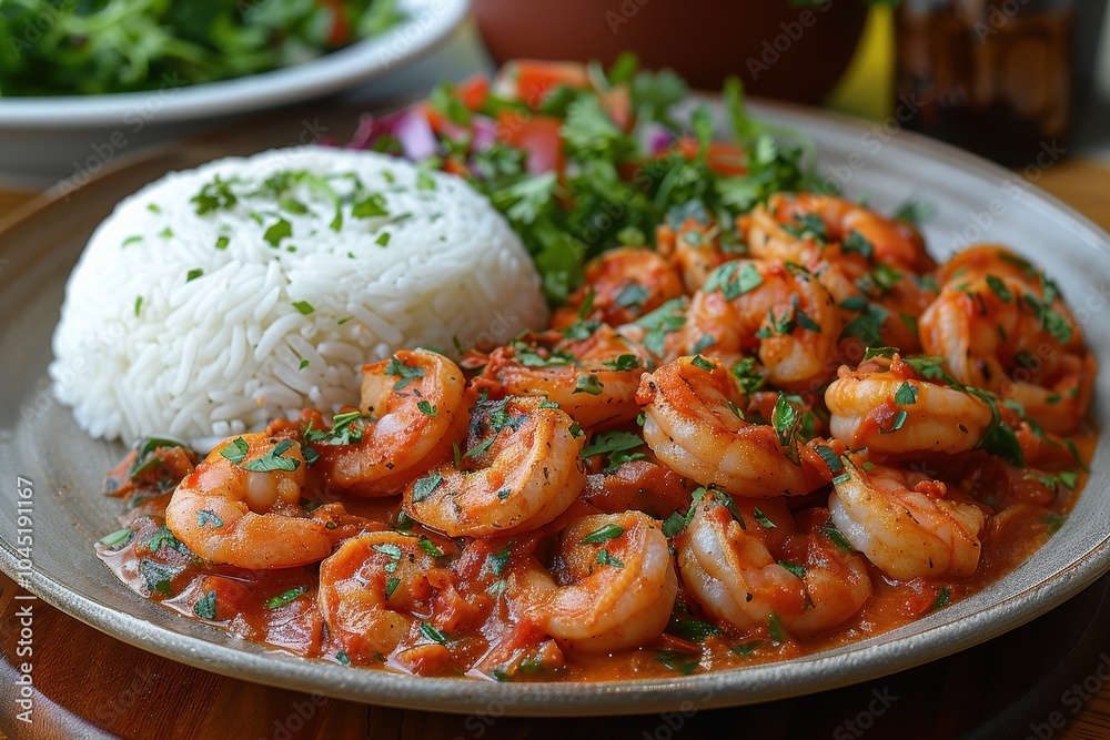 A plate of camarones a la diabla, spicy shrimp cooked in a rich red sauce, served with white rice and a side salad. A plate of camarones a la diabla, spicy shrimp cooked in a rich red sauce, served with white rice and a side salad.