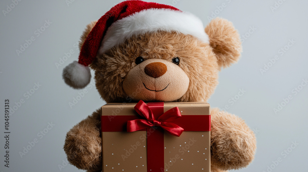 teddy bear with christmas gift, christmas teddy bear, brown teddy bear holding a Christmas gift box, teddy bear wearing a Santa hat teddy bear with christmas gift, christmas teddy bear, brown teddy bear holding a Christmas gift box, teddy bear wearing a Santa hat