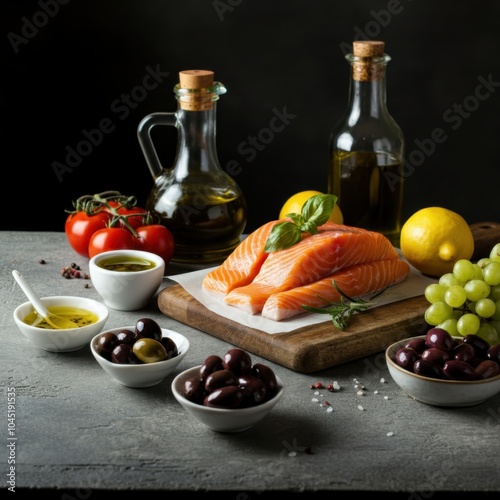 Bright and appetizing images of Olives, olive oil, tomatoes, basil, fresh fish, feta cheese, lemons, grapes. with an emphasis on fresh and colorful ingredients