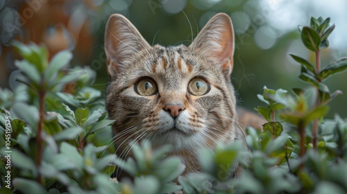 Cats playing in a garden, exploring and interacting with plants. Highlighting outdoor activity and exploration, ideal for pet outdoor products and garden scenes.