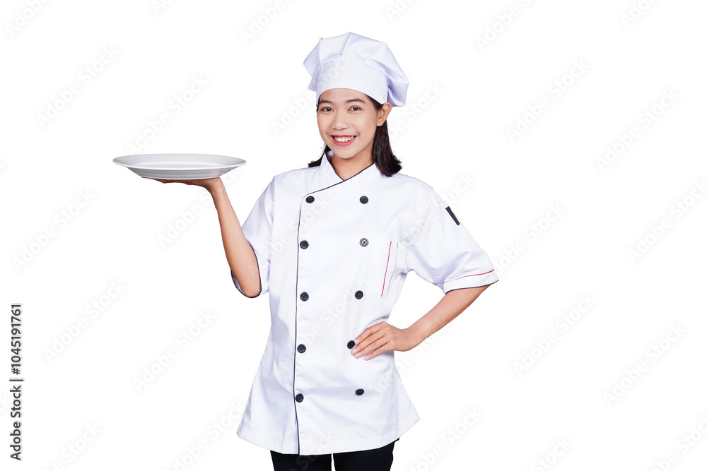 Asian woman chef in uniform serving food on a plate isolated transparent Asian woman chef in uniform serving food on a plate isolated transparent