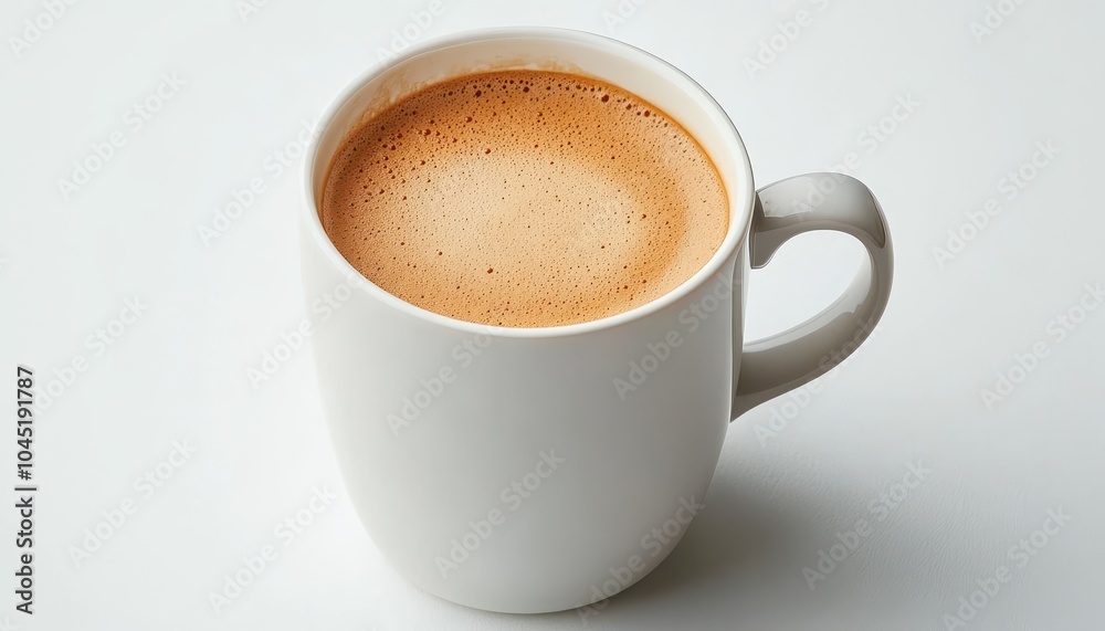 A freshly brewed cup of delicious coffee on a simple white background A freshly brewed cup of delicious coffee on a simple white background