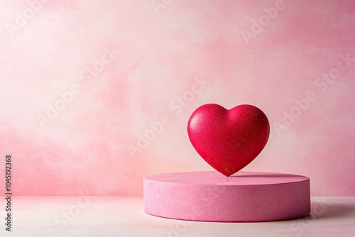 Pink empty podium with red heart over pastel background to show cosmetic products. Minimal romantic backdrop with with generative ai