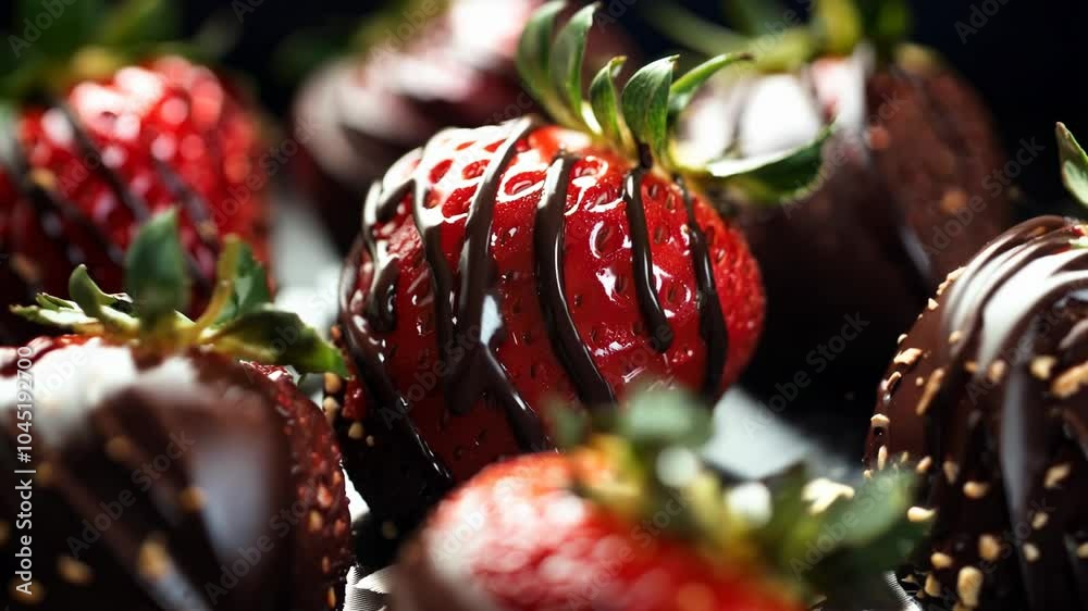 Close up of a chocolate covered strawberry. The strawberries are all different sizes and are arranged in a row. The chocolate is drizzled over the strawberries, giving them a rich