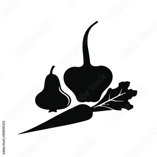A black silhouette of various vegetables including an apple, carrot, and other produce items