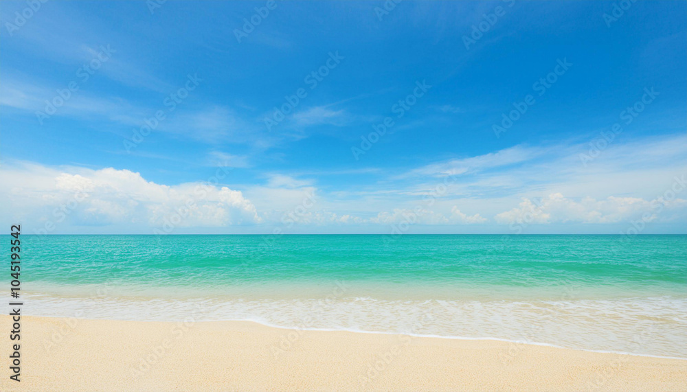 Tranquil beach with white sand meets a turquoise ocean, under a bright blue sky with puffy clouds. Tranquil beach with white sand meets a turquoise ocean, under a bright blue sky with puffy clouds.
