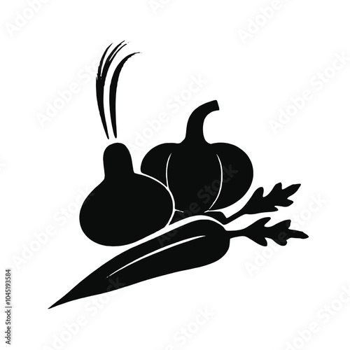 A black silhouette of various vegetables including an apple, carrot, and other produce items