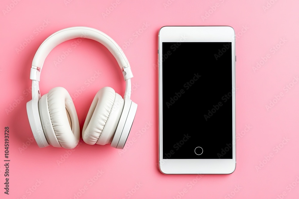 Portable white headphones and smartphone or tablet on pink background. Video calling concept with generative ai Portable white headphones and smartphone or tablet on pink background. Video calling concept with generative ai