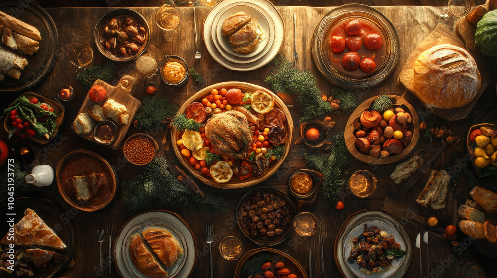 A topshot of a christmas diner table over the top with all kinds of food and gourmet attributes A topshot of a christmas diner table over the top with all kinds of food and gourmet attributes