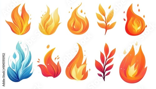 Collection of vibrant flame illustrations isolated on a white background