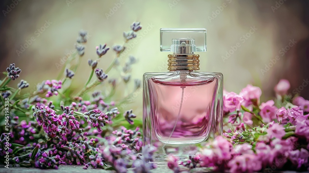 Elegant Perfume Surrounded by Colorful Flowers Elegant Perfume Surrounded by Colorful Flowers