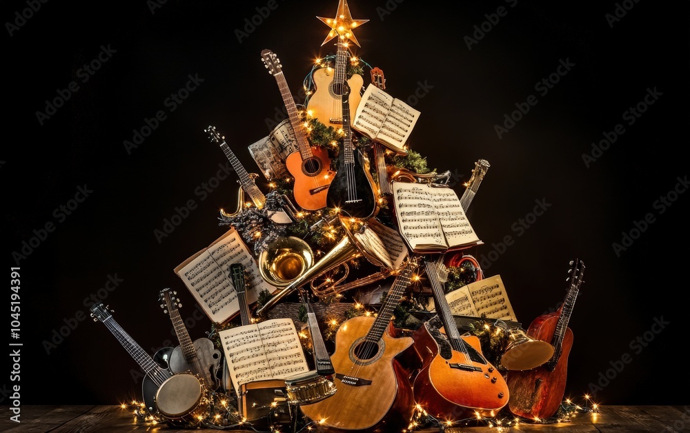 Musical Instrument Christmas Tree: A unique tree made from a collection of musical instruments--guitars, trumpets, drums Musical Instrument Christmas Tree: A unique tree made from a collection of musical instruments--guitars, trumpets, drums