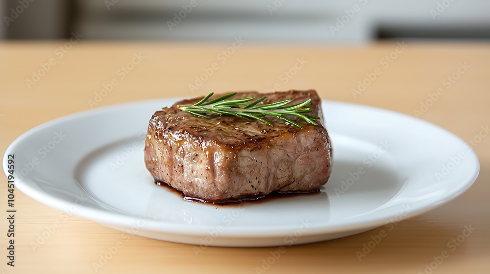 Succulent grilled steak garnished with fresh rosemary on a white plate perfectly cooked for culinary enthusiasts Succulent grilled steak garnished with fresh rosemary on a white plate perfectly cooked for culinary enthusiasts